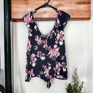 Black and Pink Floral Print Flowers With Ruffle Tie Bottom Tank Top Size 3XL